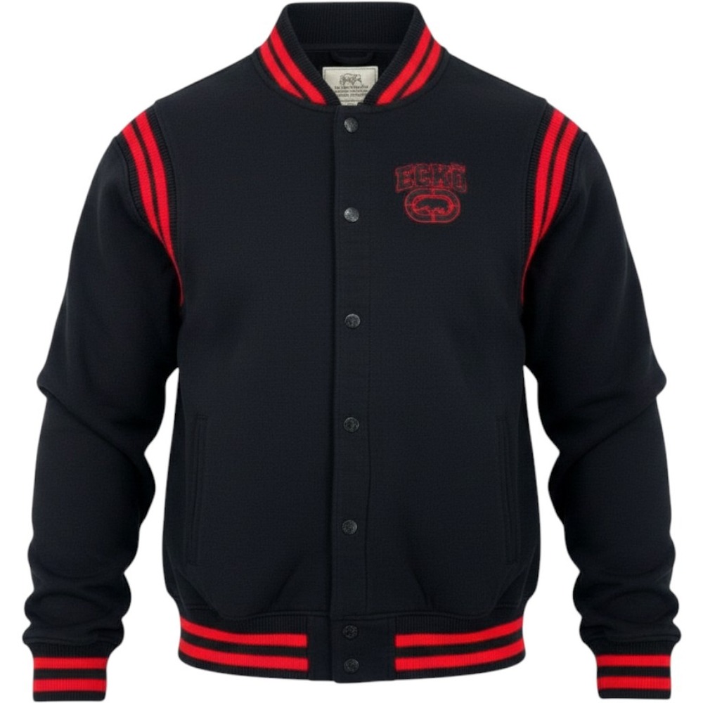 Ecko Unltd Fleece Varsity Jacket Mens XL Black Red Striped Letterman Y2K